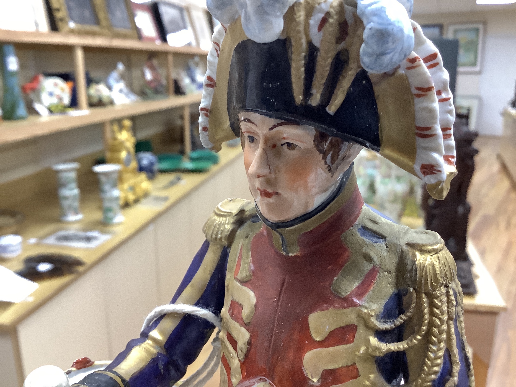 A large Dresden porcelain Waterloo Centenary equestrian group of the Duke of Wellington, retailers mark of Thomas Goode & Co and a similar equestrian group, 'Timbalier des Grenadiers a Cheval', pseudo mark, and an anothe